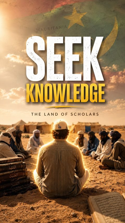 Zaid sitting in a circle of scholars in the Mauritanian desert